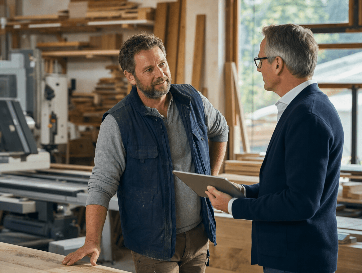 Versicherungen für KMU, Inhaber einer Schreinerei mit Versicherungsberater in der Werkstatt