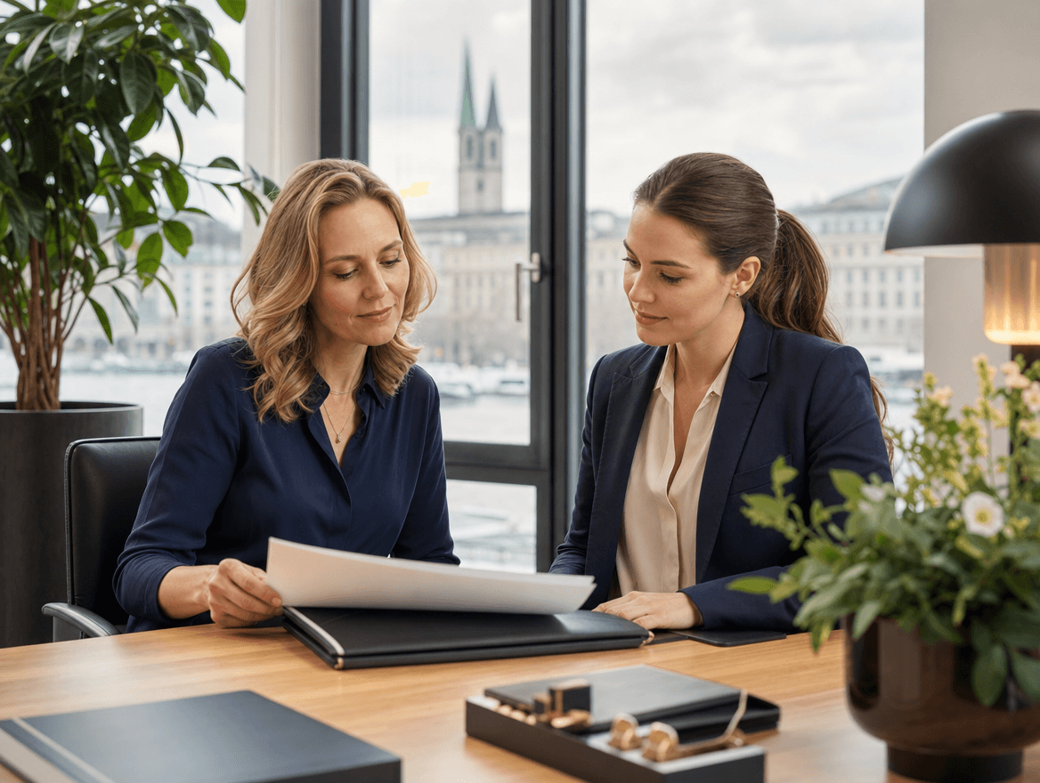 KMU Versicherung Schweiz, Unternehmerin prüft Versicherungsordner im Büro